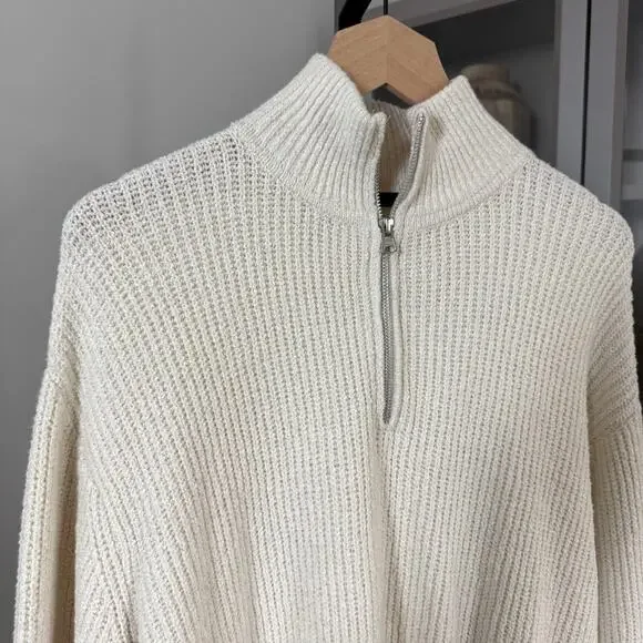 Jenni Kayne Oversized Half Zip Ivory Rib Knit Cotton Sweater 1/4 Zip Pullover M